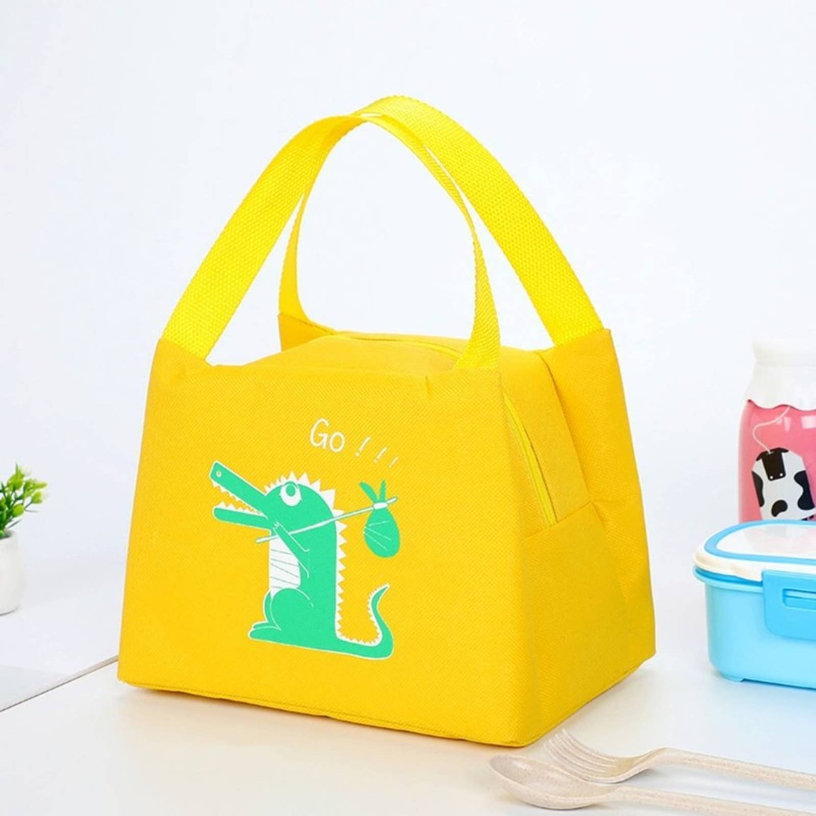 Yellow Insulated Oxford Lunch Tote With Dark Green Crocodile